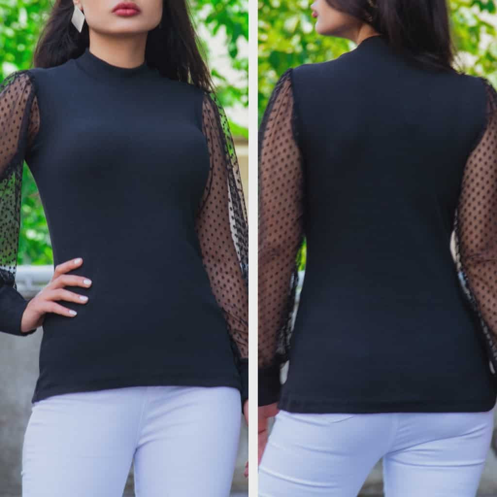 Svartur langermsbolur með ziffonermum